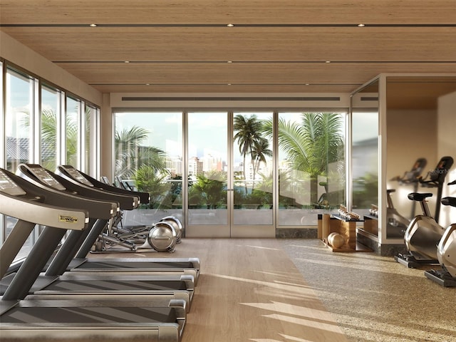 workout area featuring wood ceiling