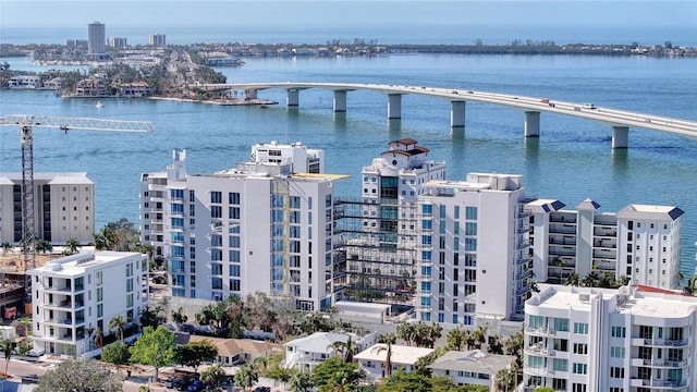 bird's eye view with a water view