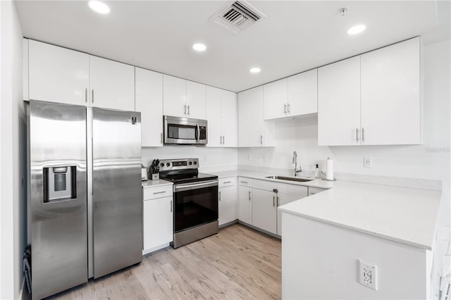 kitchen featuring white cabinets, light wood-type flooring, sink, and stainless steel appliances