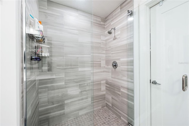 bathroom with a shower with shower door