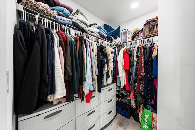 walk in closet with light wood-type flooring