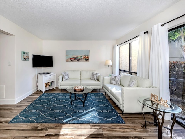 living room featuring hardwood / wood-style flooring and a textured ceiling