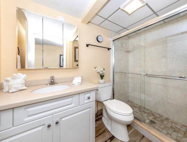 bathroom with toilet, a shower stall, and vanity