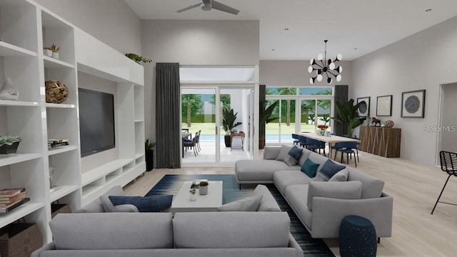 living room with a chandelier and light wood-type flooring