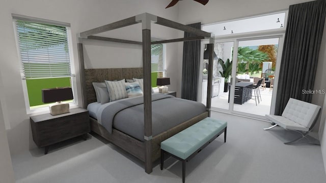 bedroom with access to exterior and ceiling fan