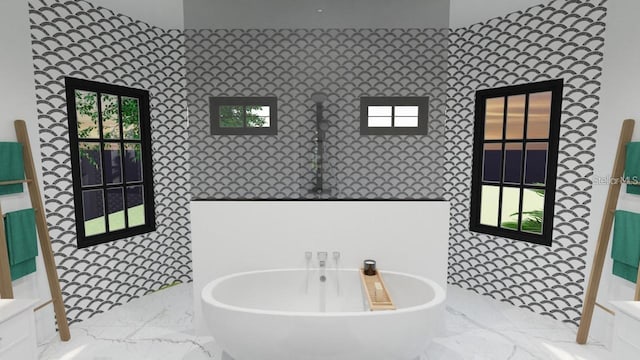 bathroom featuring vanity, a bath, and tile patterned floors