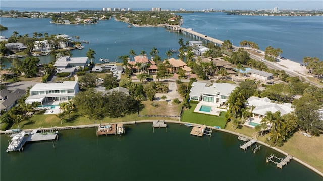 drone / aerial view with a water view