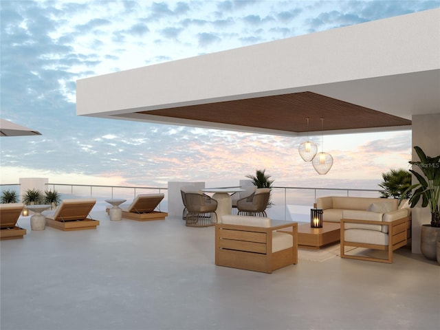 patio terrace at dusk with an outdoor hangout area