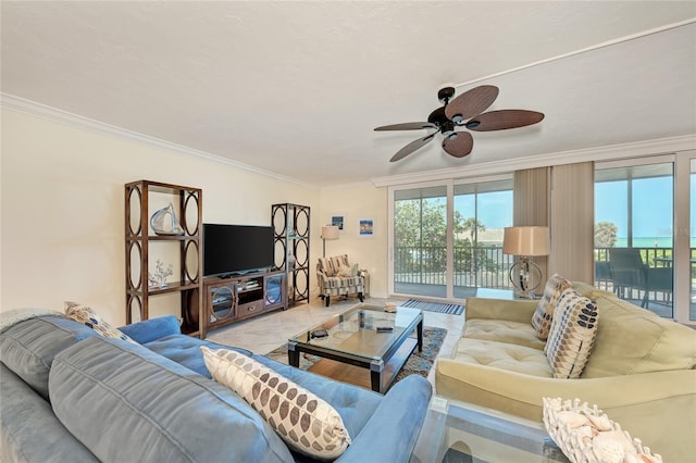 living room with ornamental molding and ceiling fan