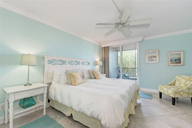 bedroom featuring baseboards, ceiling fan, ornamental molding, and access to exterior