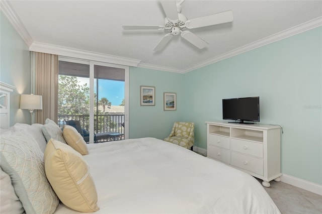 bedroom with access to exterior, baseboards, ornamental molding, and a ceiling fan