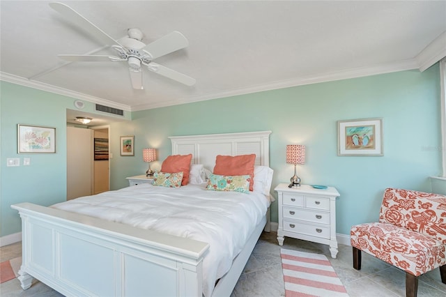 bedroom with ornamental molding, a ceiling fan, visible vents, and baseboards