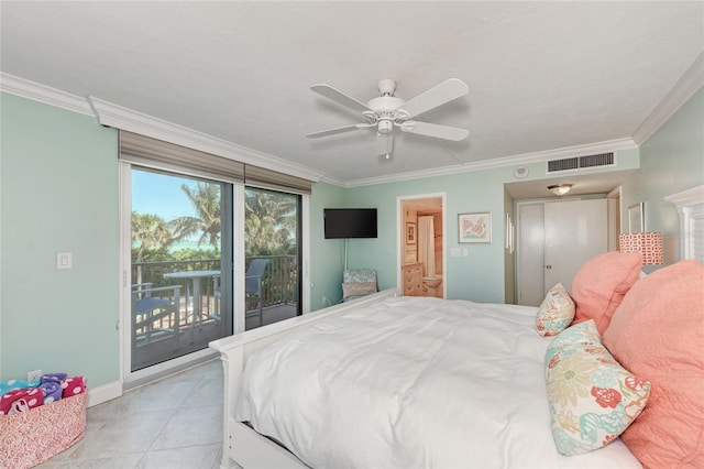 bedroom with access to outside, light tile patterned flooring, visible vents, and crown molding