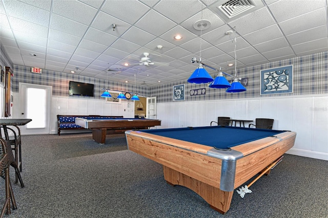 playroom featuring visible vents, billiards, carpet, and a drop ceiling