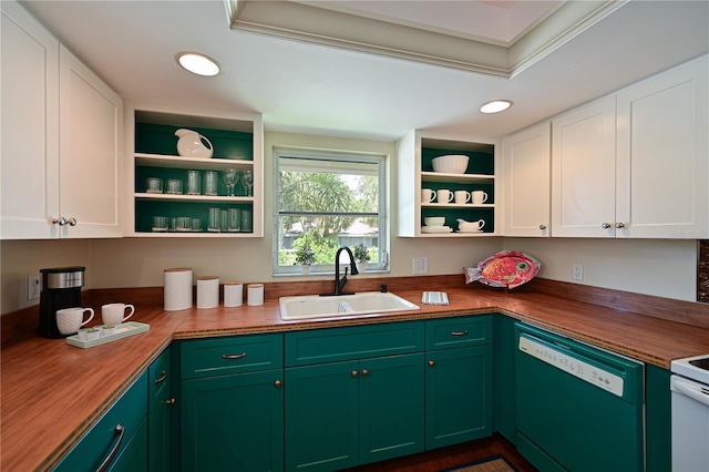 kitchen with dishwashing machine, wooden counters, open shelves, and a sink