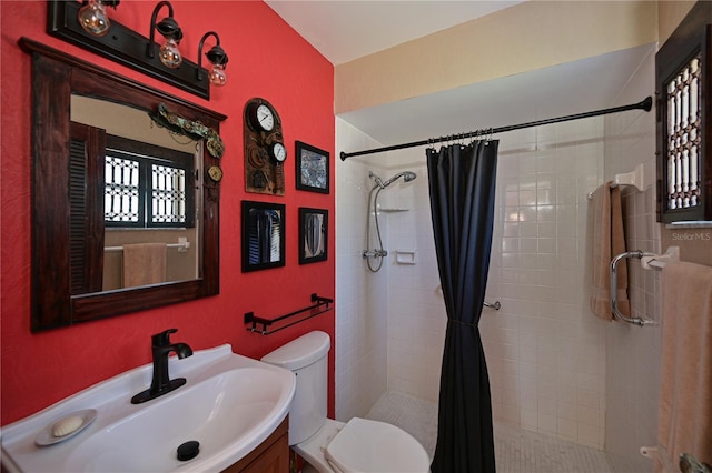 bathroom featuring a shower stall, toilet, and vanity