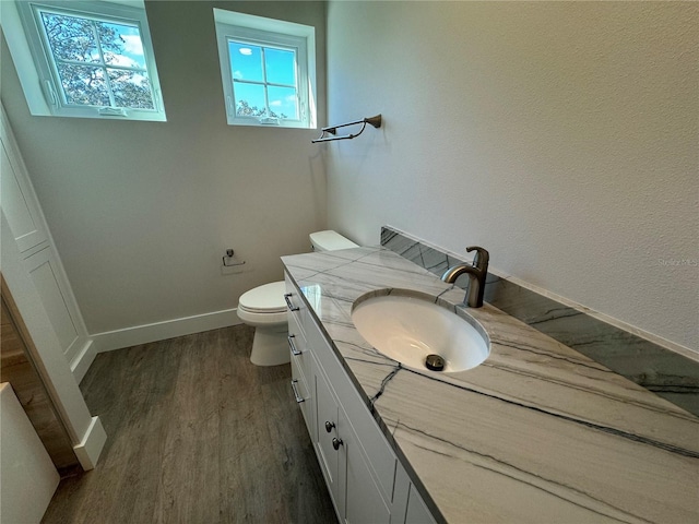 bathroom featuring vanity, wood-type flooring, and toilet