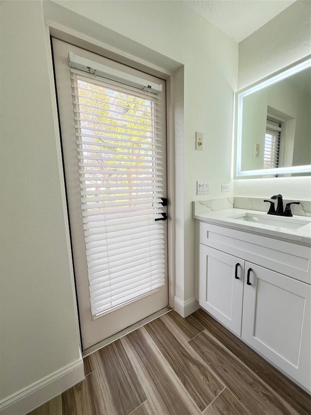 bathroom featuring hardwood / wood-style flooring and vanity