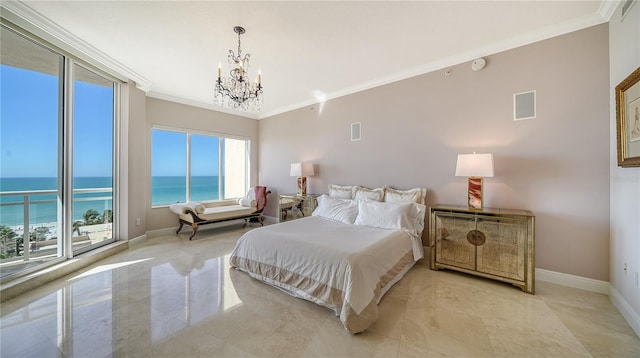 bedroom with a notable chandelier, ornamental molding, and a water view