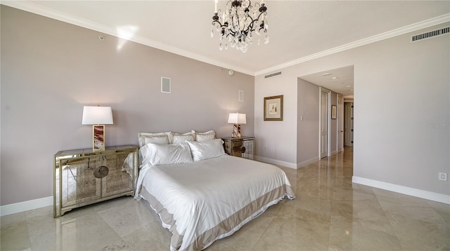 bedroom with crown molding and an inviting chandelier