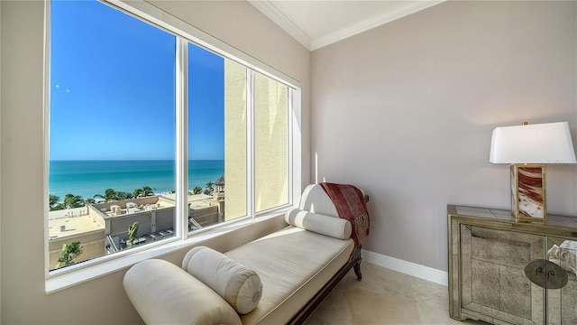 living area with a water view, a healthy amount of sunlight, and crown molding