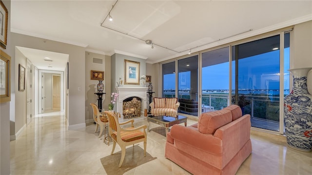 living room featuring crown molding, a wall of windows, and track lighting