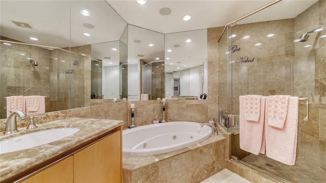 bathroom with vanity, separate shower and tub, and tile patterned flooring