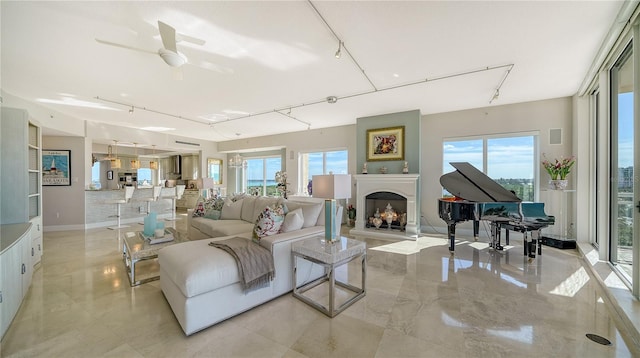 living room with ceiling fan