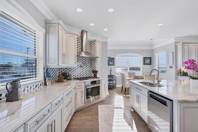 kitchen featuring wall chimney range hood, sink, appliances with stainless steel finishes, light stone counters, and ornamental molding