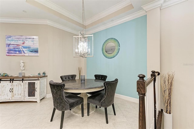 dining area featuring a raised ceiling, light tile patterned floors, a notable chandelier, and crown molding