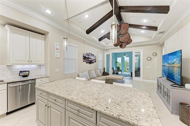 kitchen featuring ceiling fan, dishwasher, decorative backsplash, beamed ceiling, and white cabinetry