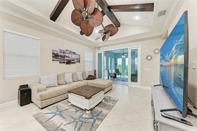 tiled living room with ceiling fan, beam ceiling, and crown molding