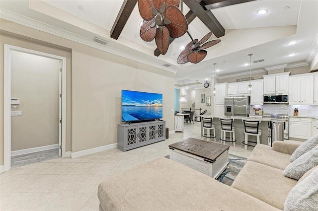 tiled living room featuring ceiling fan and lofted ceiling with beams