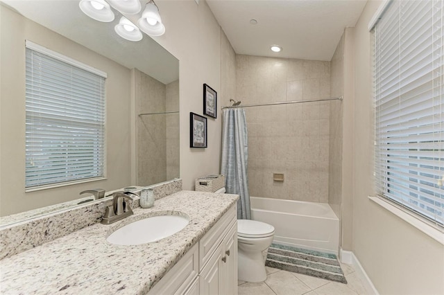 full bathroom with toilet, shower / bathtub combination with curtain, tile patterned floors, and vanity