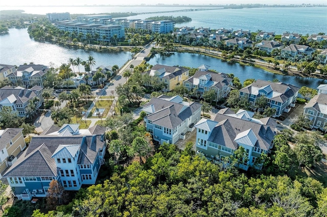 bird's eye view with a water view