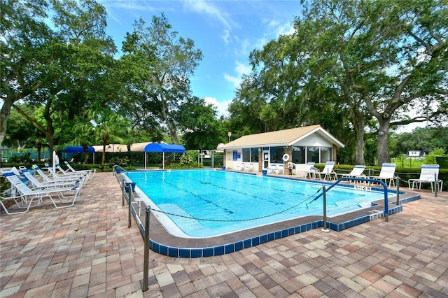 view of swimming pool with a patio