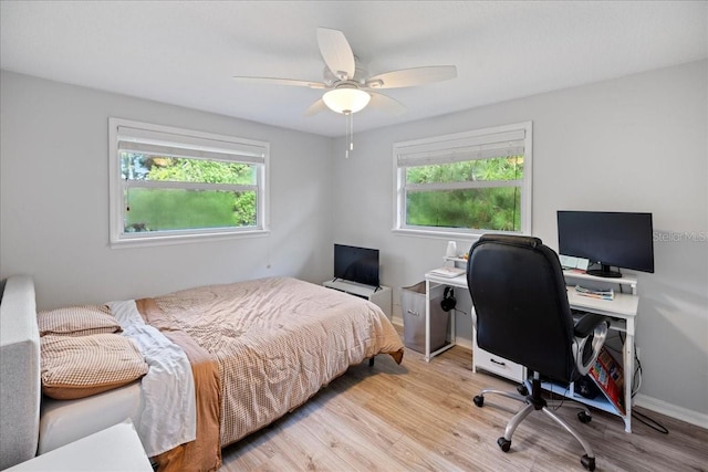 bedroom with light hardwood / wood-style floors, multiple windows, and ceiling fan