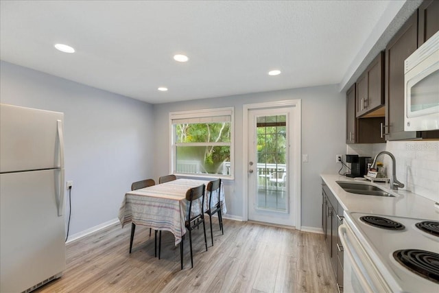 kitchen featuring white appliances, sink, dark brown cabinetry, light hardwood / wood-style floors, and tasteful backsplash