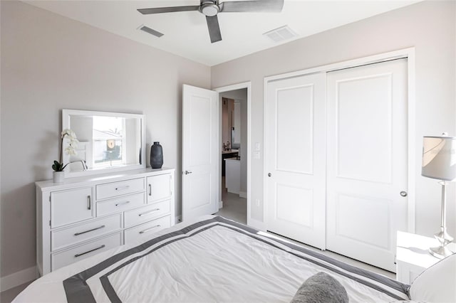 bedroom featuring baseboards, a closet, visible vents, and a ceiling fan