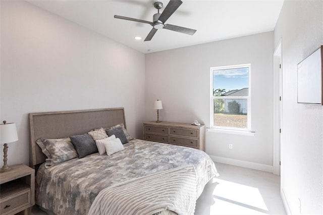 bedroom with a ceiling fan, recessed lighting, light carpet, and baseboards