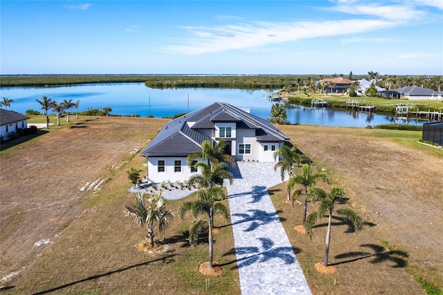 drone / aerial view featuring a water view