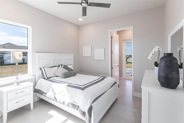 bedroom featuring ceiling fan, recessed lighting, and baseboards