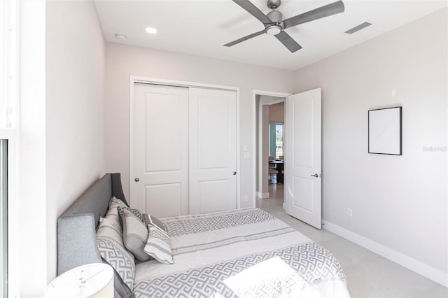 bedroom featuring recessed lighting, a closet, visible vents, ceiling fan, and baseboards