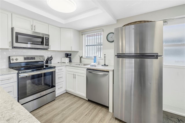 kitchen featuring sink, decorative backsplash, light wood-type flooring, appliances with stainless steel finishes, and white cabinetry