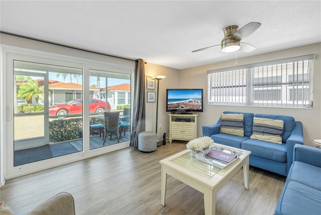 living room featuring ceiling fan, a healthy amount of sunlight, and light hardwood / wood-style floors