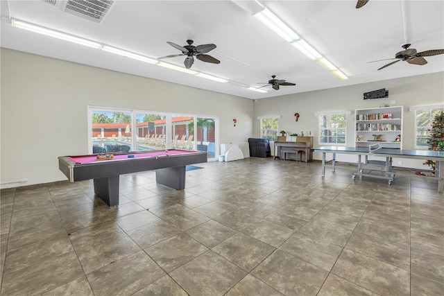 rec room with ceiling fan, plenty of natural light, and pool table