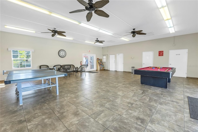 game room with ceiling fan and billiards