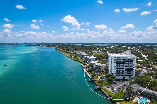 aerial view featuring a water view