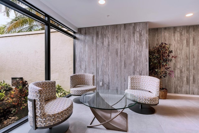 living area with wood walls