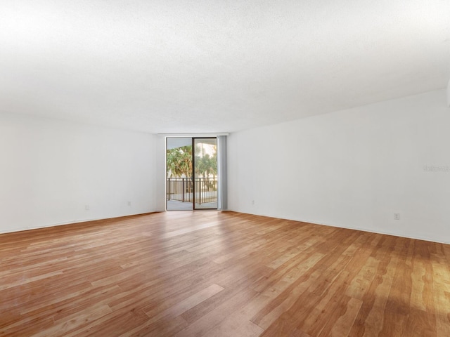 empty room with a textured ceiling and light hardwood / wood-style flooring